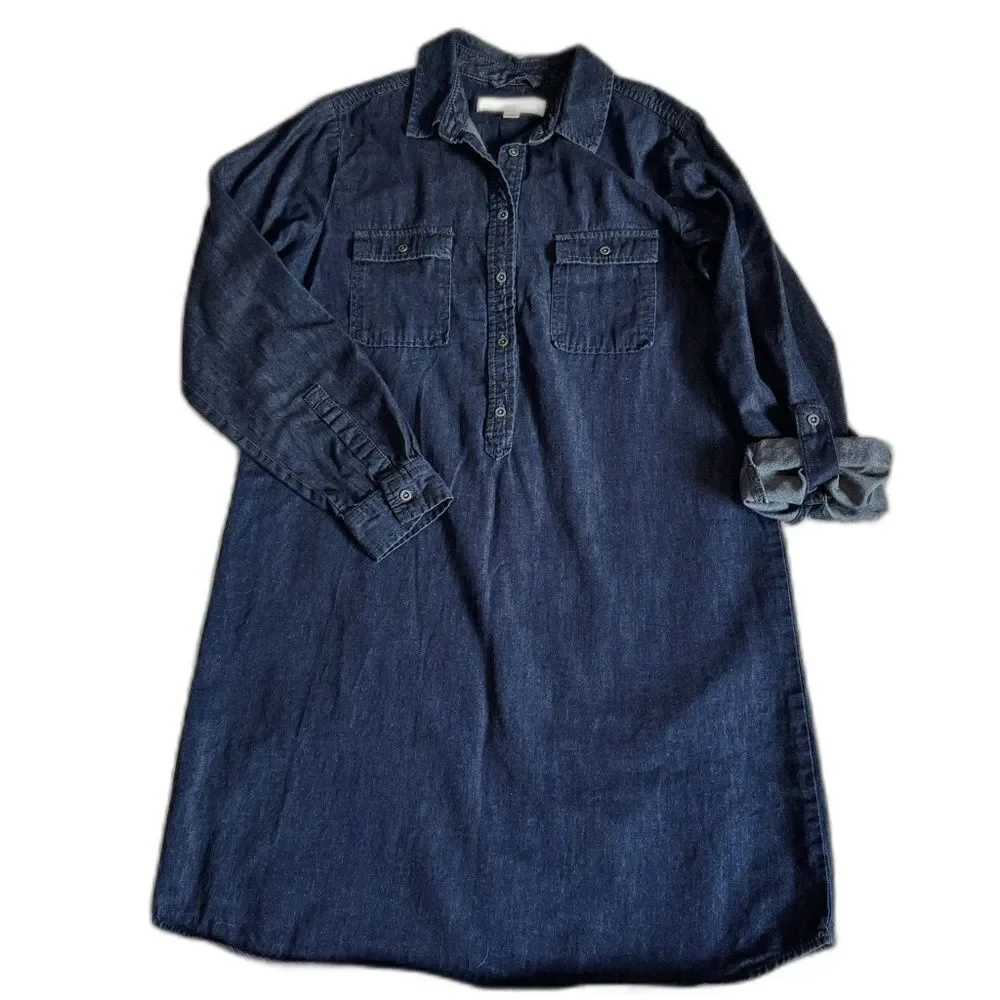 LOFT Size Small Petite Collared, button placket, long sleeve, denim Midi dress